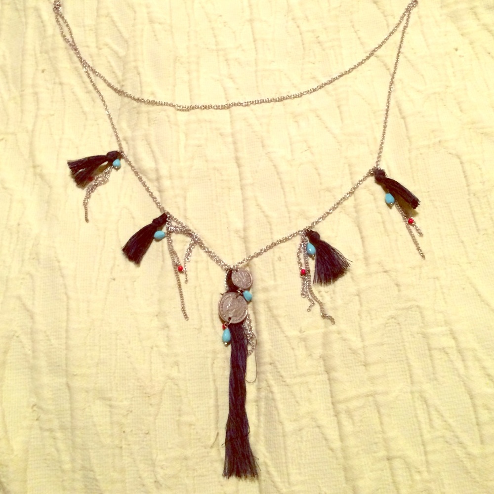 Chan Luu Silver Necklace with Brown Tassels and Turquoise Beads